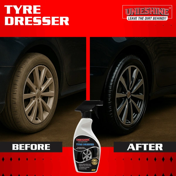 UNIESHINE Tyre Dresser Polish 500ml High Gloss Tyre Polish Spray for Car Bike Deep Black Shine Non Greasy UV Protection Tyre Dressing for Rubber Tyres