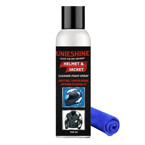 UNIESHINE Helmet & Jacket Cleaner Foam Spray 150ML with Microfiber Cloth | Quick-Dry No-Rinse Riding Gear Cleaner | Removes Dirt, Sweat & Odor | Safe for All Helmet & Jacket Materials