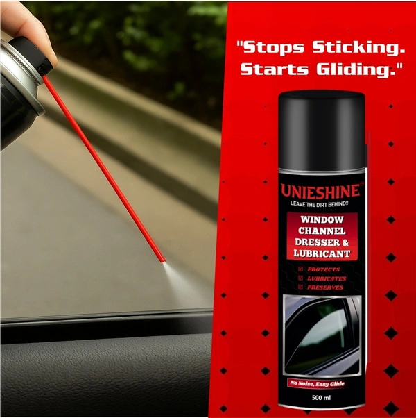 UNIESHINE Window Channel Dresser & Lubricant Spray 500ML – Rubber Beading Restorer for Car Doors, Sunroofs & Weather Strips | Reduces Noise, Friction & Sticking