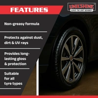 UNIESHINE Tyre Dresser Polish 5L | Back to Black Tyre Shine for Cars & Bikes | Non-Greasy Long-Lasting Rubber Polish | Restores Original Black Finish | Prevents Fading & Premature Ageing