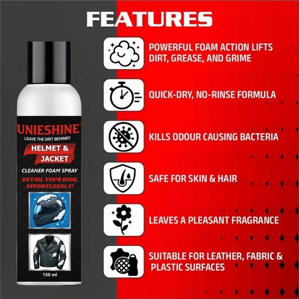 UNIESHINE Helmet & Jacket Cleaner Foam Spray 150ML with Microfiber Cloth | Quick-Dry No-Rinse Riding Gear Cleaner | Removes Dirt, Sweat & Odor | Safe for All Helmet & Jacket Materials