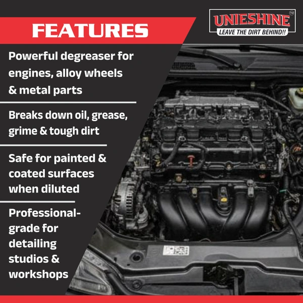 UNIESHINE Heavy Duty Degreaser 500ml Powerful Multi Surface Cleaner for Engine Bike Car Parts Removes Oil Grease Grime Fast Acting Residue Free Formula Safe on Metal Painted Surfaces
