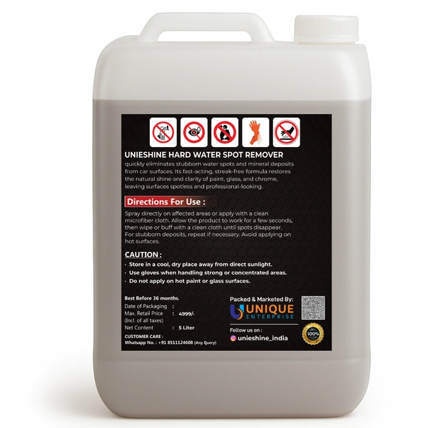 UNIESHINE Hard Water Spot Remover 5L | Limescale & Mineral Stain Remover | Descaler for Car Glass, Chrome, Tiles & Mirrors | Bathroom & Kitchen Tap Cleaner | Restores Shine & Clarity