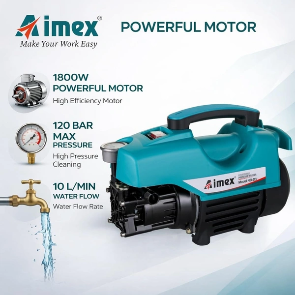 AIMEX Aimex D3 High Pressure Washer 1800W | 120 Bar Portable Power Washer | 10L/Min Flow with 8m Hose Pipe | Electric Car & Bike Washer Machine for Home & Outdoor Cleaning