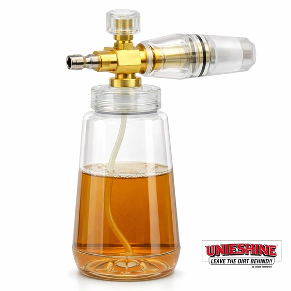 UNIESHINE Brass Adjustable Foam Cannon 1L Bottle, Heavy-Duty Transparent Snow Foam Lance for Pressure Washer, Thick Foam Car Wash & Detailing Tool