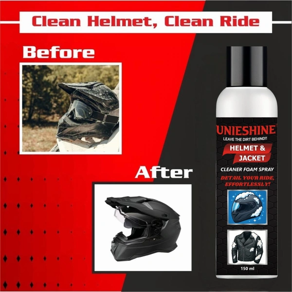 UNIESHINE Helmet & Jacket Cleaner Foam Spray 150ML with Microfiber Cloth | Quick-Dry No-Rinse Riding Gear Cleaner | Removes Dirt, Sweat & Odor | Safe for All Helmet & Jacket Materials