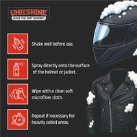 UNIESHINE Helmet & Jacket Cleaner Foam Spray 150ML with Microfiber Cloth | Quick-Dry No-Rinse Riding Gear Cleaner | Removes Dirt, Sweat & Odor | Safe for All Helmet & Jacket Materials