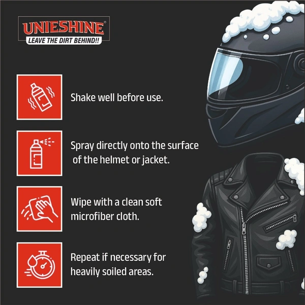 UNIESHINE Helmet & Jacket Cleaner Foam Spray 150ML with Microfiber Cloth | Quick-Dry No-Rinse Riding Gear Cleaner | Removes Dirt, Sweat & Odor | Safe for All Helmet & Jacket Materials