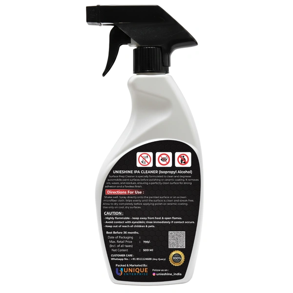 UNIESHINE 500ML IPA Isopropyl Alcohol for Car Bike Detailing Surface Prep Spray Removes Oil Dirt Grime Wax Residue for Polishing Cleaning