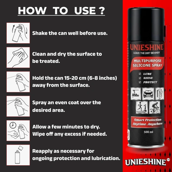 UNIESHINE Multipurpose Silicone Spray 500ML – Silicone Lubricant & Protectant for Automotive, Industrial, Home & Gym Equipment | Anti-Rust, Waterproof, Non-Sticky Formula