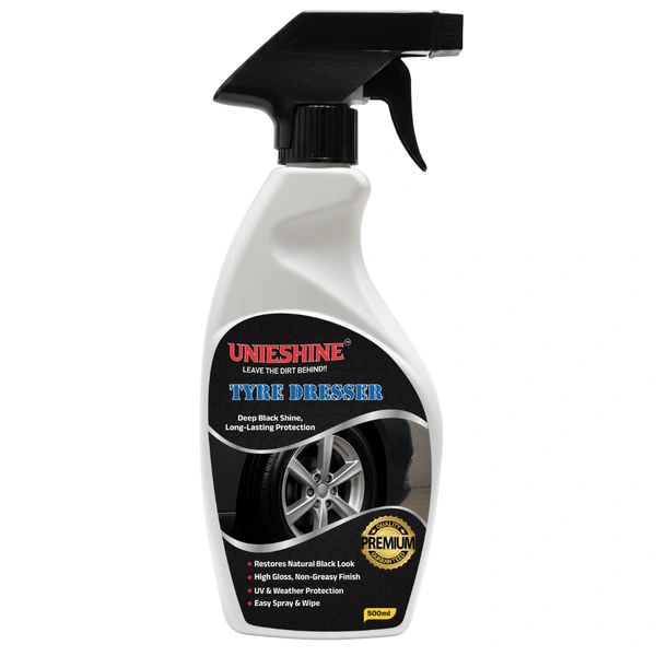 UNIESHINE Tyre Dresser Polish 500ml High Gloss Tyre Polish Spray for Car Bike Deep Black Shine Non Greasy UV Protection Tyre Dressing for Rubber Tyres