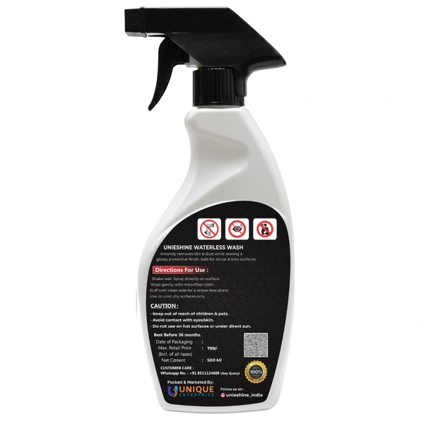 UNIESHINE Waterless Wash and Wax 500ml with Microfiber Cloth – Waterless Car Wash Spray & Instant Car Polish | Cleans, Shines and Protects with High Gloss Finish for Car & Bike