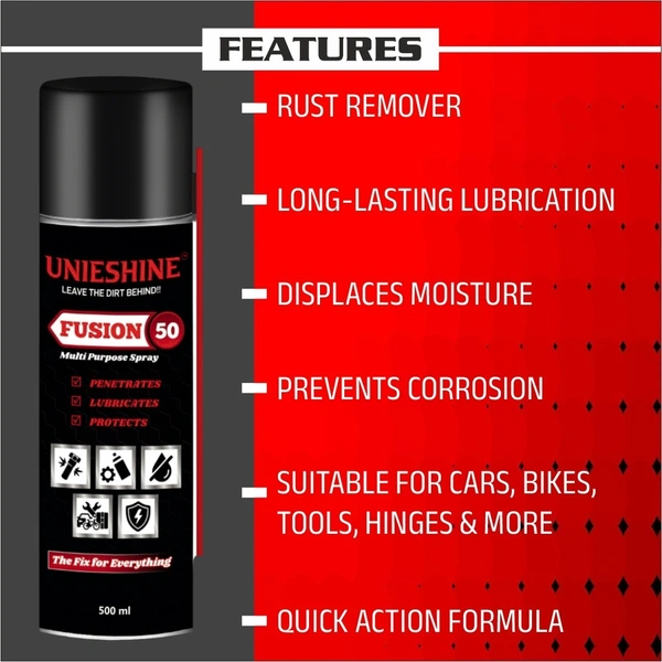 UNIESHINE Fusion-50 Multipurpose Spray 500ml – Rust Remover, Lubricant & Moisture Repellent for Car, Bike, Tools, Home & Industrial Maintenance