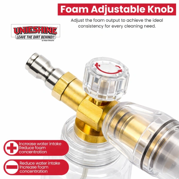 UNIESHINE Brass Adjustable Foam Cannon 1L Bottle, Heavy-Duty Transparent Snow Foam Lance for Pressure Washer, Thick Foam Car Wash & Detailing Tool