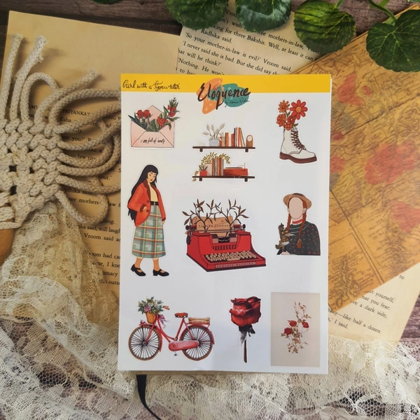 Girl with a Typewriter Sticker Sheet - 6.5 X 4.5 Inches - Standard