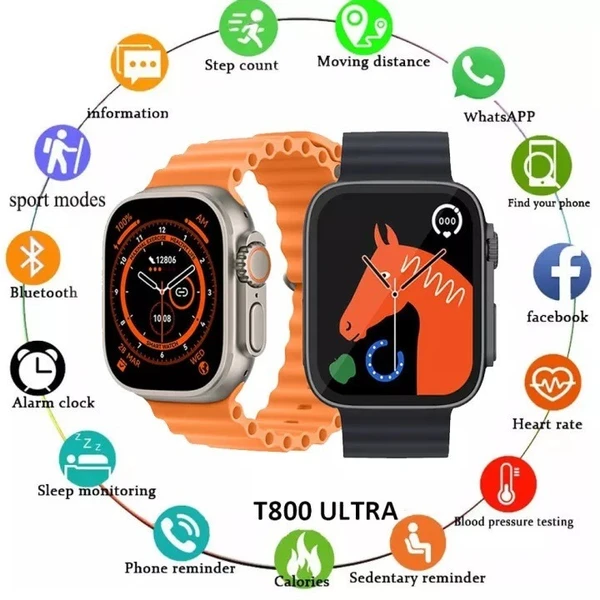 HiWatch T800 Ultra Smartwatch - Free Size, with Bluetooth Calling Smart Watch Wireless Magnetic Charger Fitness Hd Display Smartwatch - FREE SIZE, Orange