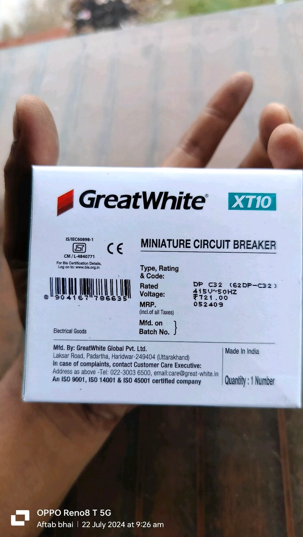 GreatWhite  MCB DOUBLE POLE (DP) C32AMP XT10  - White, 32Amp