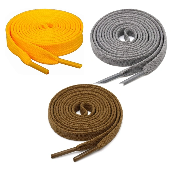 GRAH SANGRAH® 3 Pair (1 Pair Per Single Color) Flat Shoe Lace For Running, Sport Or Gym Shoelace - 120 CM, Yellow-Grey-Light Brown
