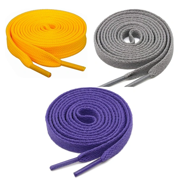 GRAH SANGRAH® 3 Pair (1 Pair Per Single Color) Flat Shoe Lace For Running, Sport Or Gym Shoelace - 120 CM, Yellow_ Grey_ Purple