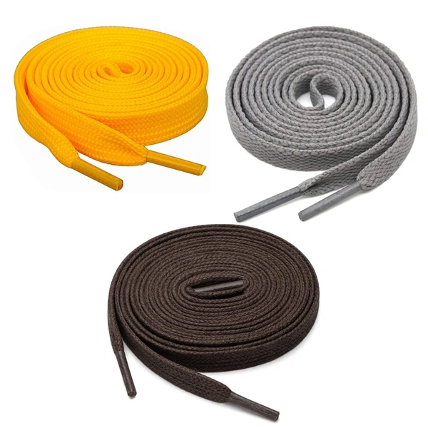 GRAH SANGRAH® 3 Pair (1 Pair Per Single Color) Flat Shoe Lace For Running, Sport Or Gym Shoelace - 150 CM, Yellow-Grey-Dark Brown