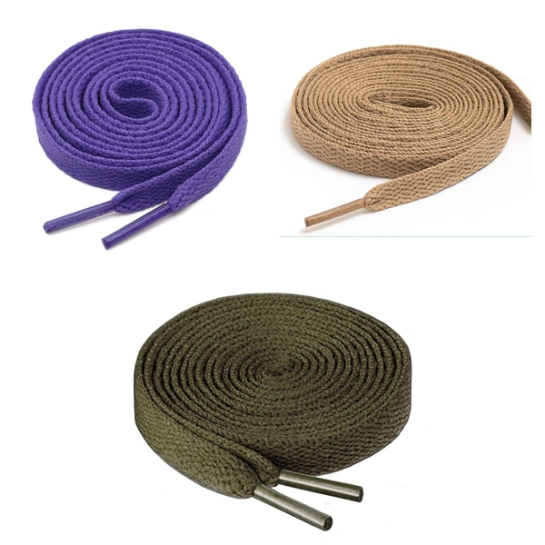 GRAH SANGRAH® 3 Pair (1 Pair Per Single Color) Flat Shoe Lace For Running, Sport Or Gym Shoelace - 150 CM, Purple-Cream-Army Green