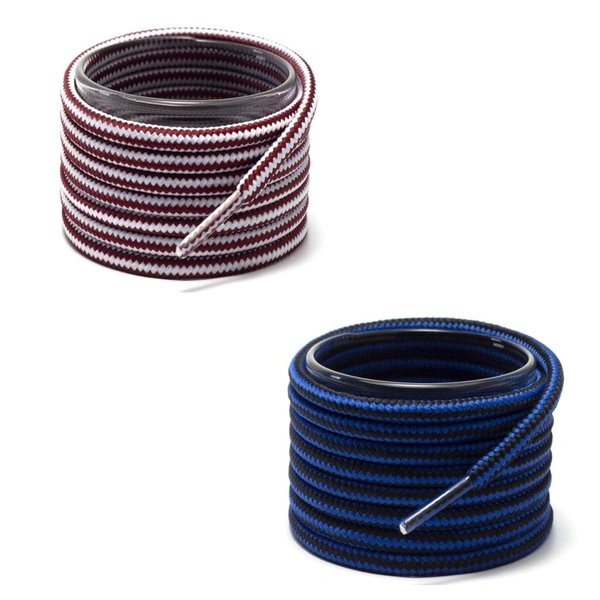 GRAH SANGRAH® (2 Pair Round Boot Laces Running, Sports, Gym, Casual Dual Coloured Striped Shoe Lace - 120 CM, Maroon White/Blue Black