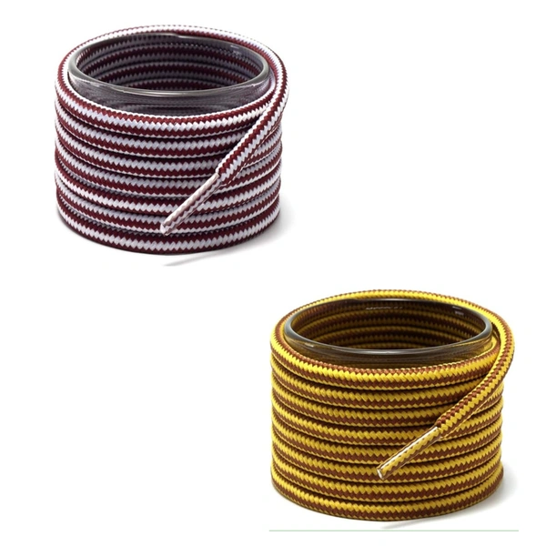 GRAH SANGRAH® (2 Pair Round Boot Laces Running, Sports, Gym, Casual Dual Coloured Striped Shoe Lace - 120 CM, Maroon White / Yellow Brown