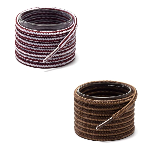 GRAH SANGRAH® (2 Pair Round Boot Laces Running, Sports, Gym, Casual Dual Coloured Striped Shoe Lace - 120 CM, Maroon White / Brown Tan