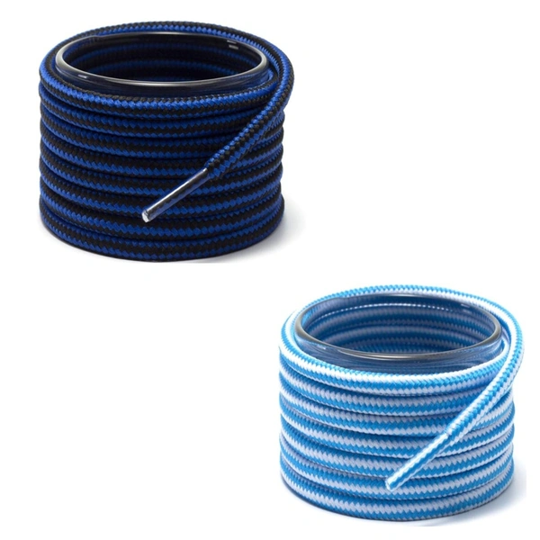GRAH SANGRAH® (2 Pair Round Boot Laces Running, Sports, Gym, Casual Dual Coloured Striped Shoe Lace - 120 CM, Blue Black /  Sky White