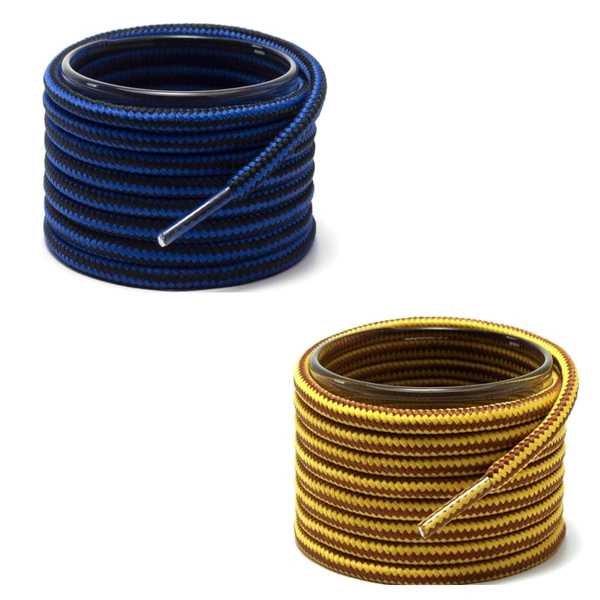 GRAH SANGRAH® (2 Pair Round Boot Laces Running, Sports, Gym, Casual Dual Coloured Striped Shoe Lace - 120 CM, Blue Black /  Yellow Brown