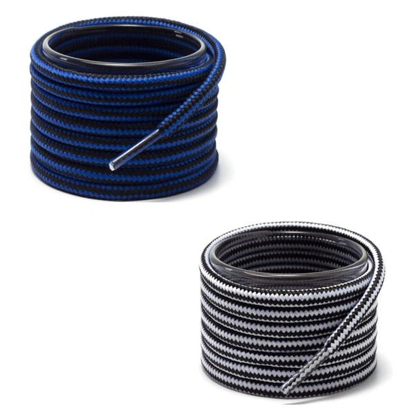 GRAH SANGRAH® (2 Pair Round Boot Laces Running, Sports, Gym, Casual Dual Coloured Striped Shoe Lace - 120 CM, Blue Black /  White Black