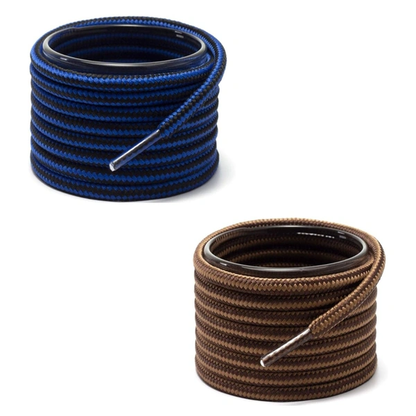 GRAH SANGRAH® (2 Pair Round Boot Laces Running, Sports, Gym, Casual Dual Coloured Striped Shoe Lace - 120 CM, Blue Black /  Brown Tan