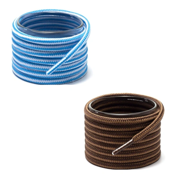 GRAH SANGRAH® (2 Pair Round Boot Laces Running, Sports, Gym, Casual Dual Coloured Striped Shoe Lace - 120 CM, Sky White / Brown Tan
