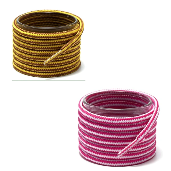 GRAH SANGRAH® (2 Pair Round Boot Laces Running, Sports, Gym, Casual Dual Coloured Striped Shoe Lace - 120 CM, Yellow Brown / Hot Pink White