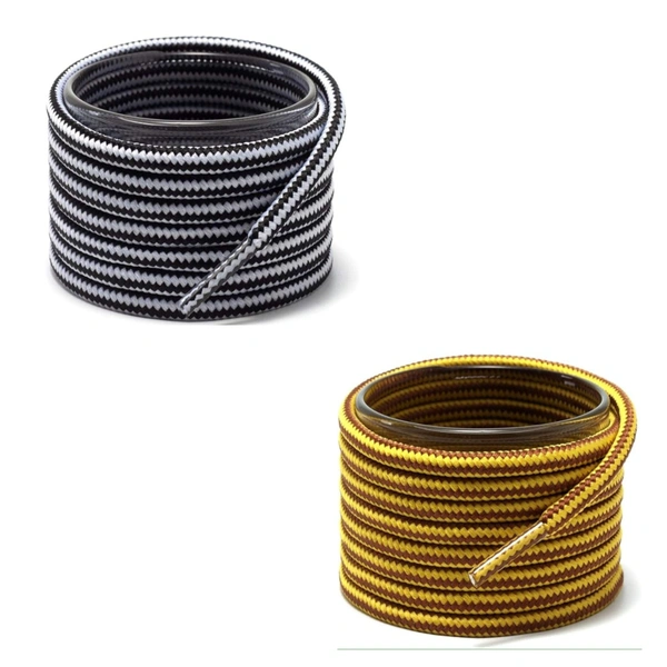 GRAH SANGRAH® (2 Pair Round Boot Laces Running, Sports, Gym, Casual Dual Coloured Striped Shoe Lace - 120 CM, White Black / Yellow Brown