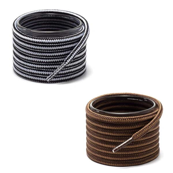 GRAH SANGRAH® (2 Pair Round Boot Laces Running, Sports, Gym, Casual Dual Coloured Striped Shoe Lace - 120 CM, White Black / Brown Tan