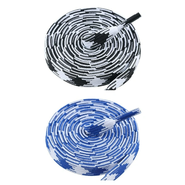 GRAH SANGRAH® 2 Pairs | Fashionable Double Layer Flat Colored | Unisex Shoe laces for Sneakers - 120 CM, Black White _ Blue White