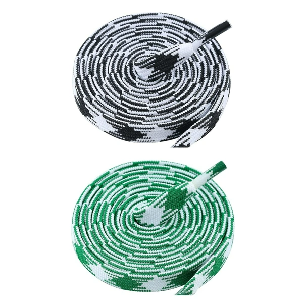 GRAH SANGRAH® 2 Pairs | Fashionable Double Layer Flat Colored | Unisex Shoe laces for Sneakers - 120 CM, Black White_ Green White