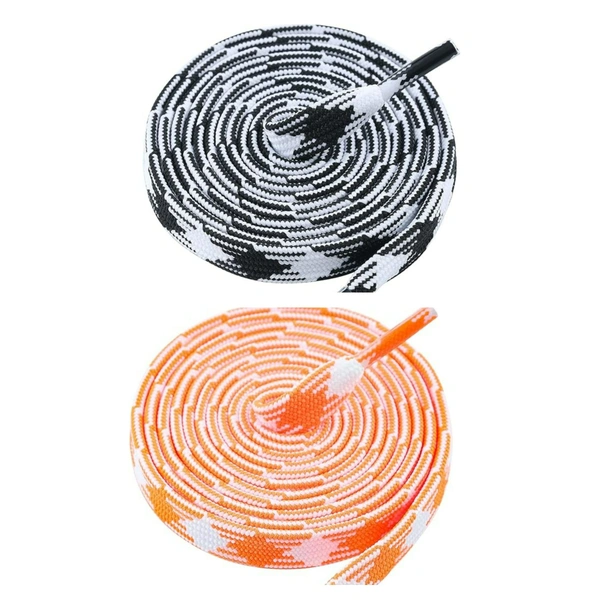 GRAH SANGRAH® 2 Pairs | Fashionable Double Layer Flat Colored | Unisex Shoe laces for Sneakers - 120 CM, Black White_ Orange White