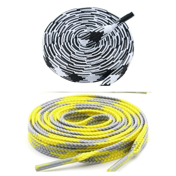 GRAH SANGRAH® 2 Pairs | Fashionable Double Layer Flat Colored | Unisex Shoe laces for Sneakers - 120 CM, Black White_ Yellow Grey