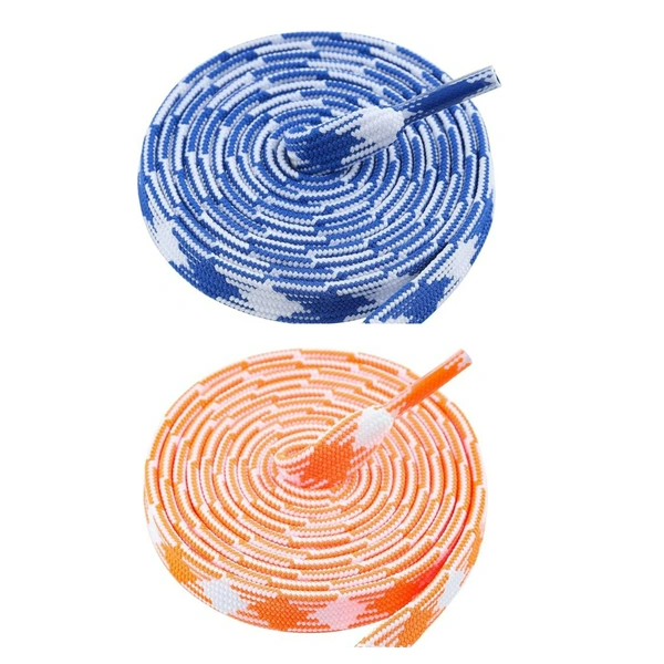 GRAH SANGRAH® 2 Pairs | Fashionable Double Layer Flat Colored | Unisex Shoe laces for Sneakers - 120 CM, Blue White_ Orange White