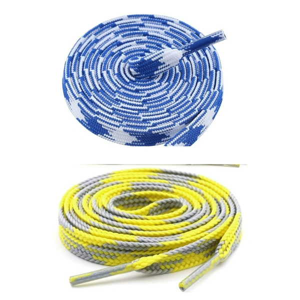 GRAH SANGRAH® 2 Pairs | Fashionable Double Layer Flat Colored | Unisex Shoe laces for Sneakers - 120 CM, Blue White_ Yellow Grey