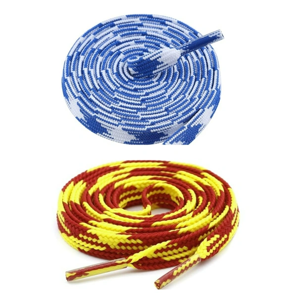 GRAH SANGRAH® 2 Pairs | Fashionable Double Layer Flat Colored | Unisex Shoe laces for Sneakers - 120 CM, Blue White_ Red Yellow