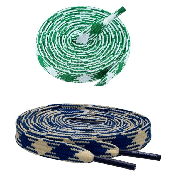 GRAH SANGRAH® 2 Pairs | Fashionable Double Layer Flat Colored | Unisex Shoe laces for Sneakers - 120 CM, Green White_ Navy Off White