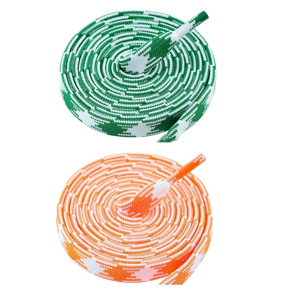 GRAH SANGRAH® 2 Pairs | Fashionable Double Layer Flat Colored | Unisex Shoe laces for Sneakers - 120 CM, Green White_ Orange White