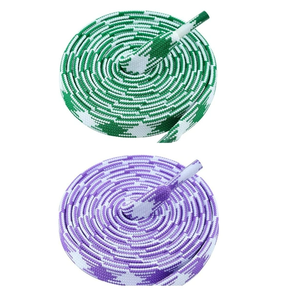 GRAH SANGRAH® 2 Pairs | Fashionable Double Layer Flat Colored | Unisex Shoe laces for Sneakers - 120 CM, Green White_ Purple White