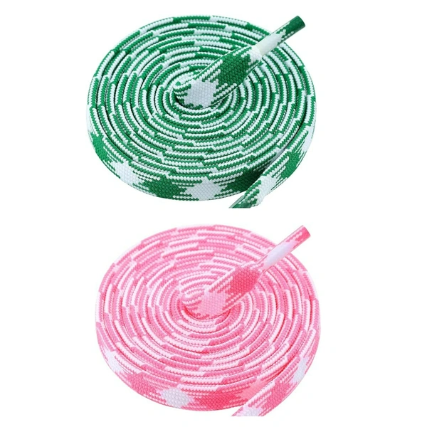 GRAH SANGRAH® 2 Pairs | Fashionable Double Layer Flat Colored | Unisex Shoe laces for Sneakers - 120 CM, Green White_ Pink White