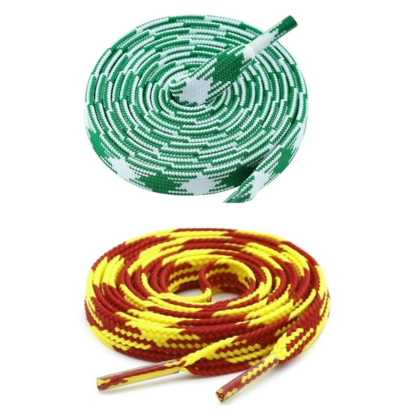 GRAH SANGRAH® 2 Pairs | Fashionable Double Layer Flat Colored | Unisex Shoe laces for Sneakers - 120 CM, Green White_ Red Yellow