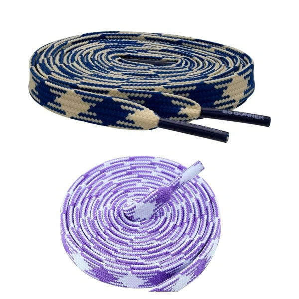 GRAH SANGRAH® 2 Pairs | Fashionable Double Layer Flat Colored | Unisex Shoe laces for Sneakers - 120 CM, Navy Off White_ Purple White