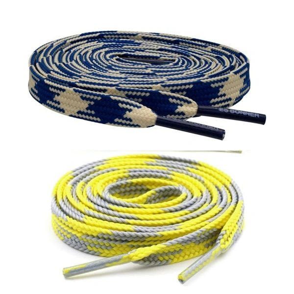GRAH SANGRAH® 2 Pairs | Fashionable Double Layer Flat Colored | Unisex Shoe laces for Sneakers - 120 CM, Navy Off White_ Yellow Grey